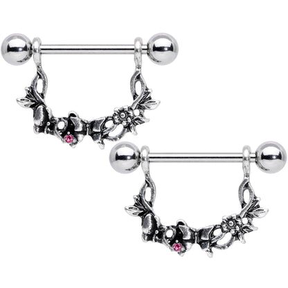 14 Gauge 9/16 Pink Gem Abstract Bow Butterfly Dangle Nipple Ring Set