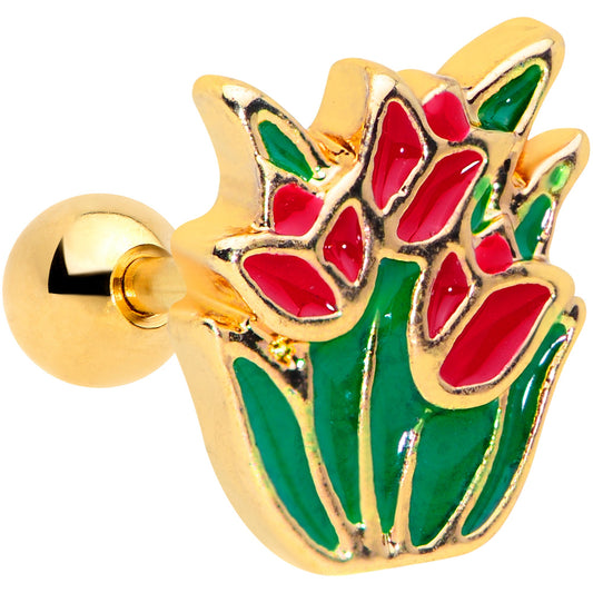 16 Gauge 1/4 Gold Tone Springtime Red Tulip Flower Cartilage Earring