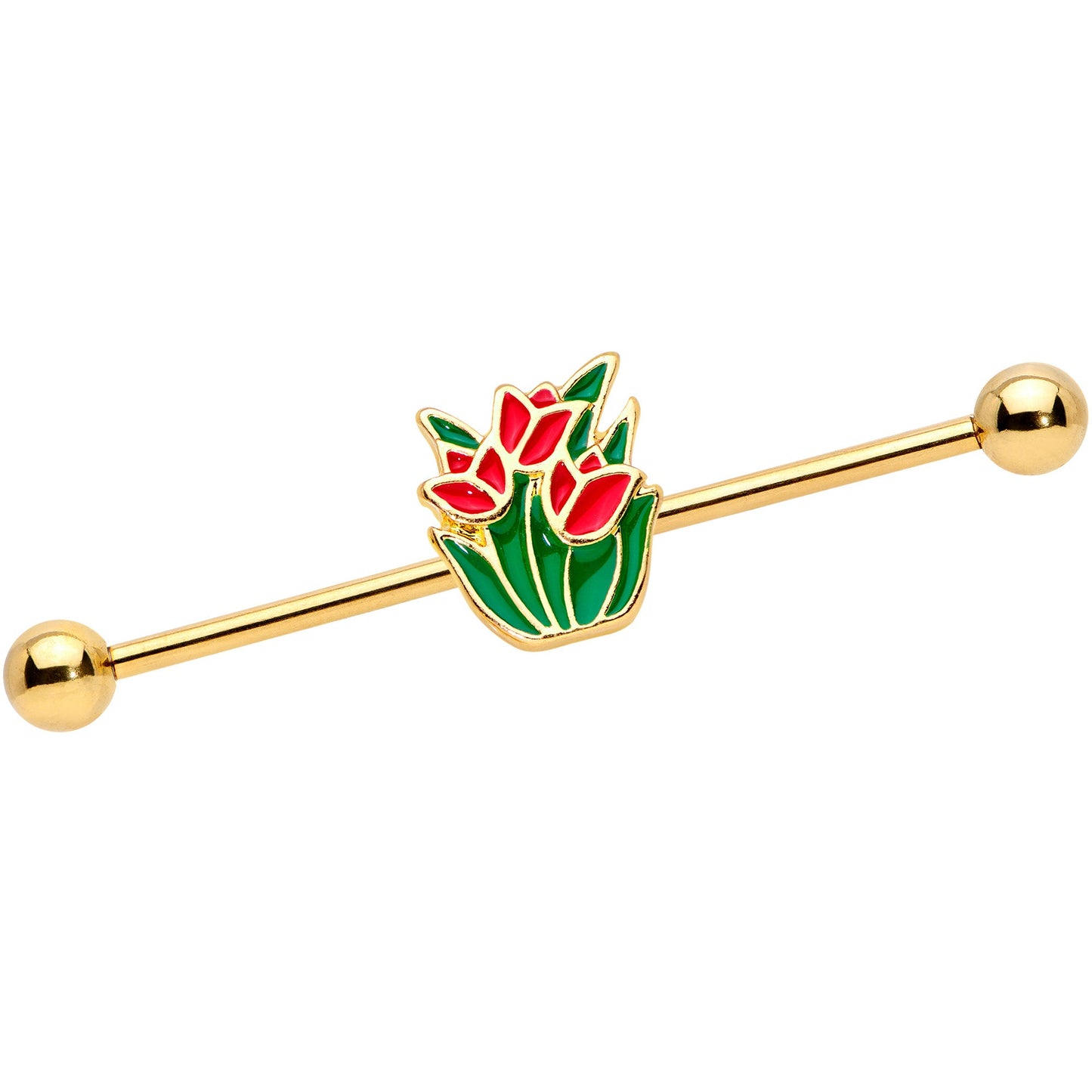 14 Gauge Gold Tone Red Tulip Flowers Industrial Barbell 38mm