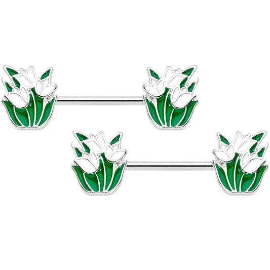 14 Gauge 9/16 White Spring Tulip Flowers Barbell Nipple Ring Set