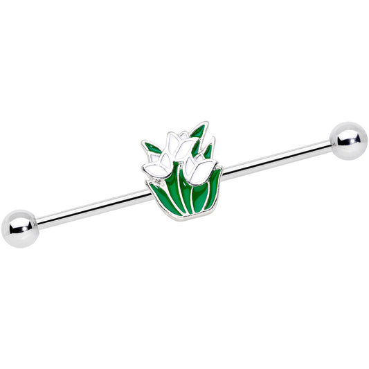 14 Gauge Spring White Tulip Flower Industrial Barbell 38mm