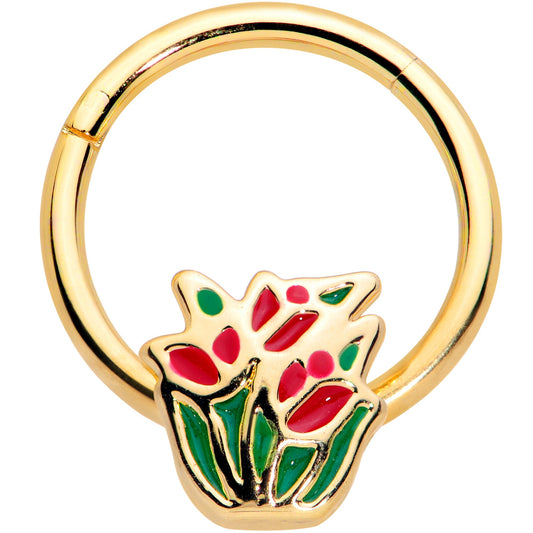 16 Gauge 3/8 Gold Tone Springtime Red Tulip Flower Hinged Segment Ring