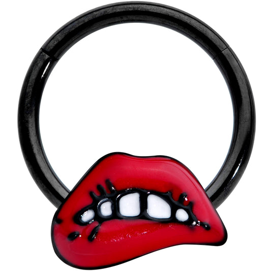 16 Gauge 3/8 Black Red Sneering Lips Bite Lips Hinged Segment Ring