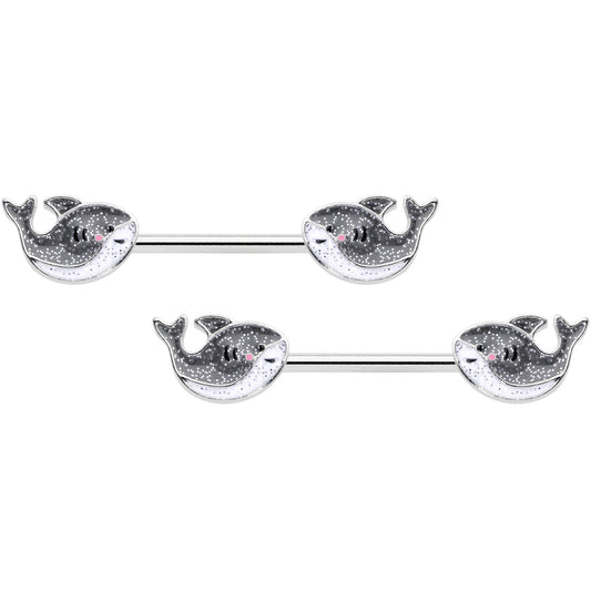 14 Gauge 9/16 Sweet Smiling Whale Barbell Nipple Ring Set