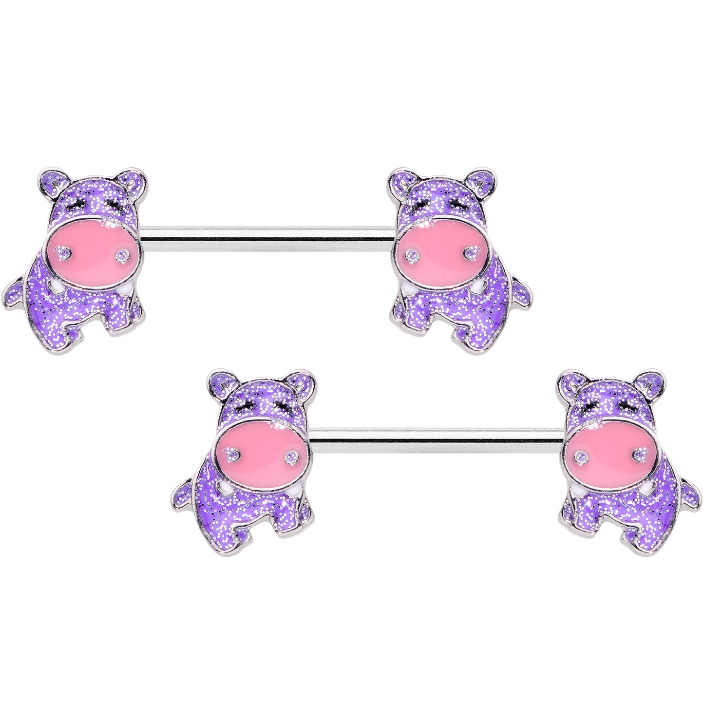 14 Gauge 9/16 Happy Purple Hippo Barbell Nipple Ring Set