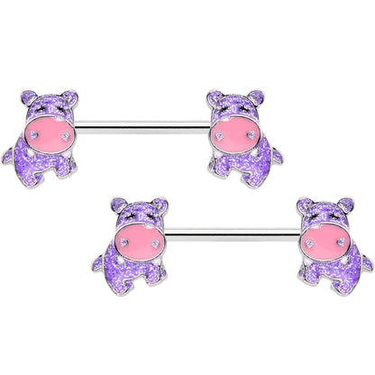 14 Gauge 9/16 Happy Purple Hippo Barbell Nipple Ring Set