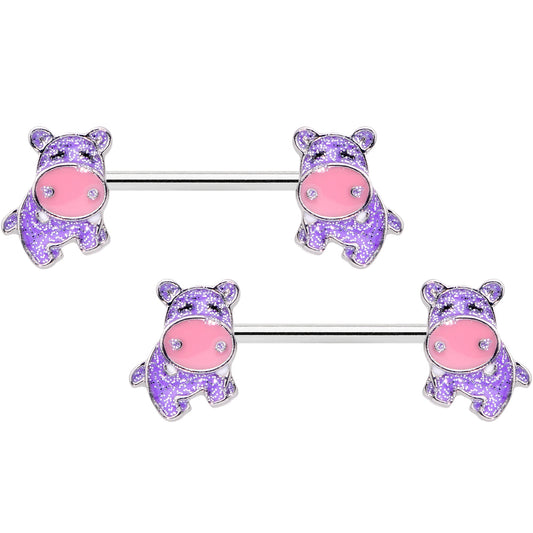 14 Gauge 9/16 Happy Purple Hippo Barbell Nipple Ring Set