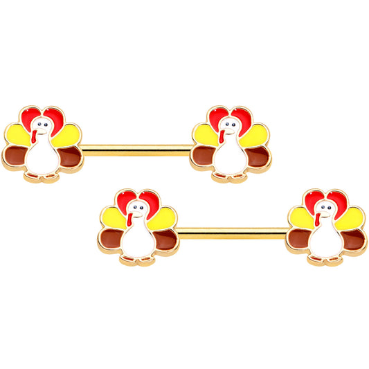 14 Gauge 9/16 Gold Tone Turkey Thanksgiving Barbell Nipple Ring Set