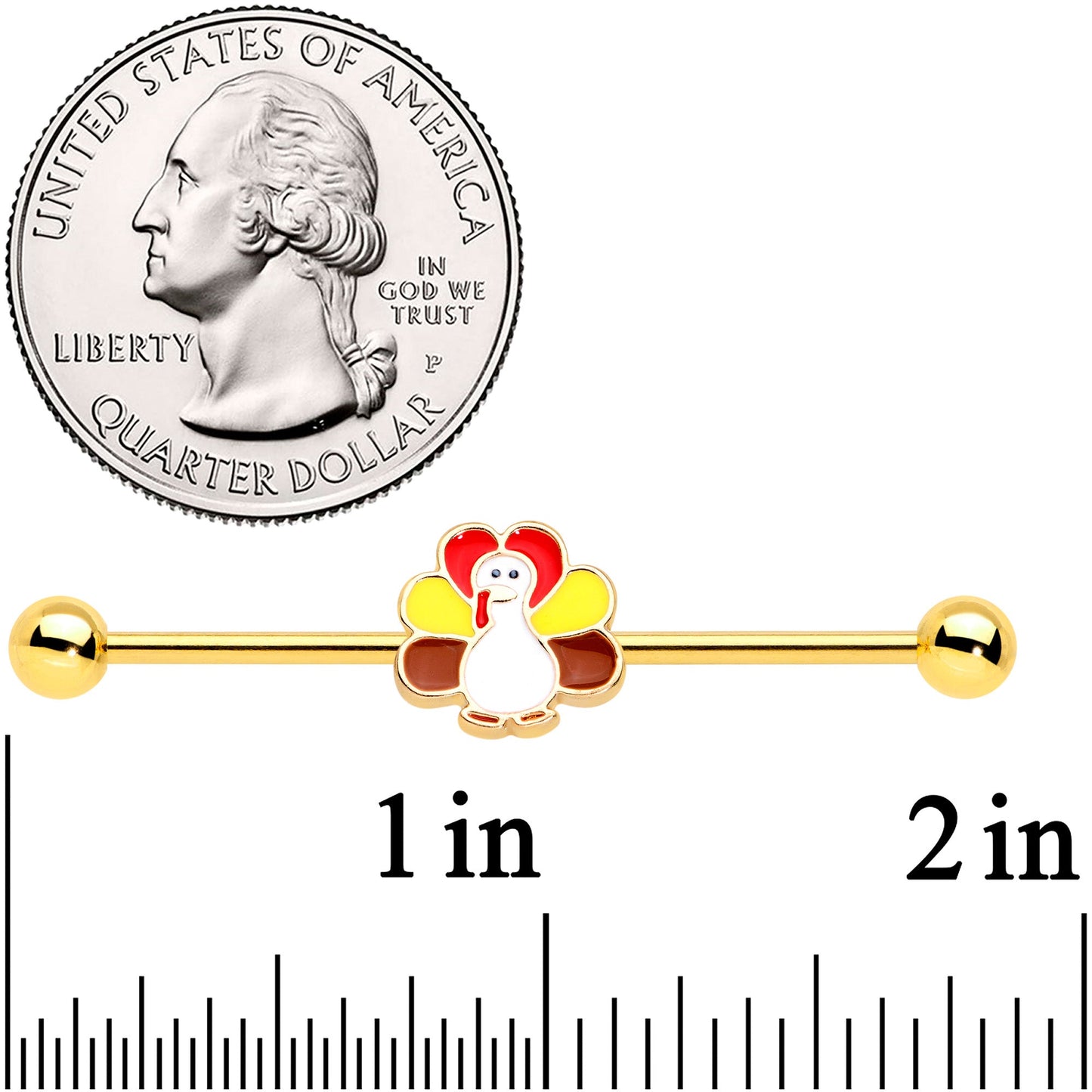 14 Gauge Gold Tone Turkey Time Holiday Industrial Barbell 38mm