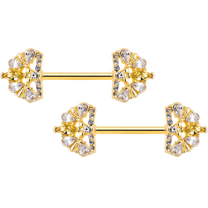 14 Gauge 9/16 Clear CZ Gem Gold Tone Lavish Crown Nipple Ring Set