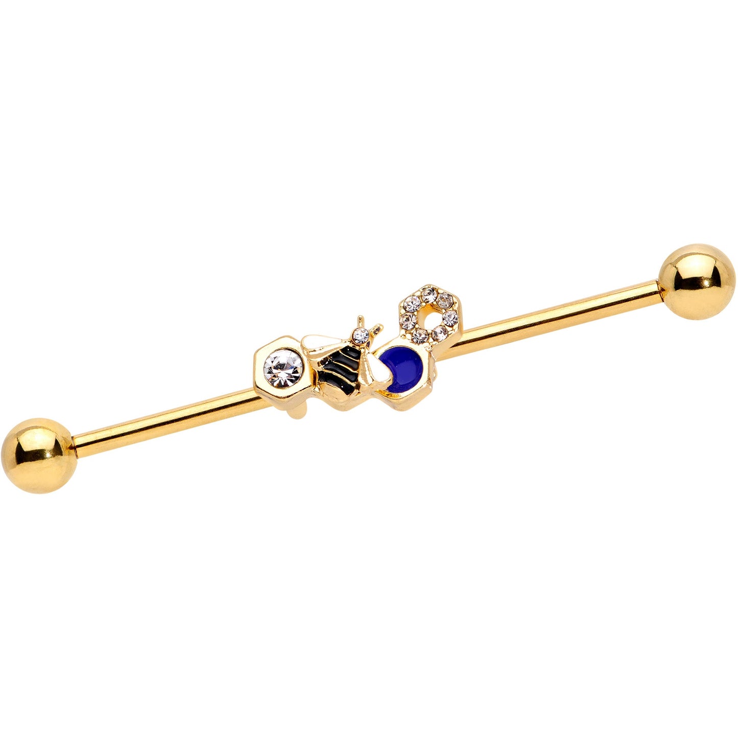 14 Gauge Clear CZ Gem Gold Tone Lovely Bee Industrial Barbell 38mm