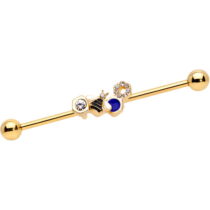 14 Gauge Clear CZ Gem Gold Tone Lovely Bee Industrial Barbell 38mm