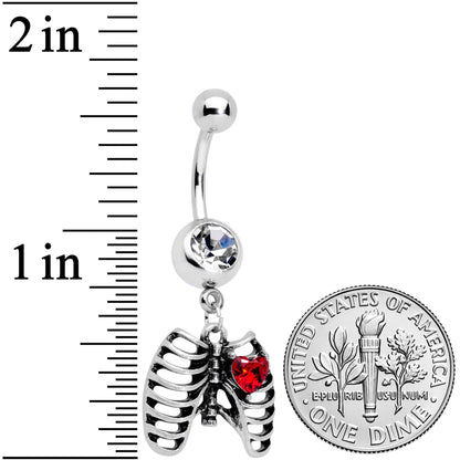 Red CZ Gem Heart Skeleton Ribs Halloween Dangle Belly Ring