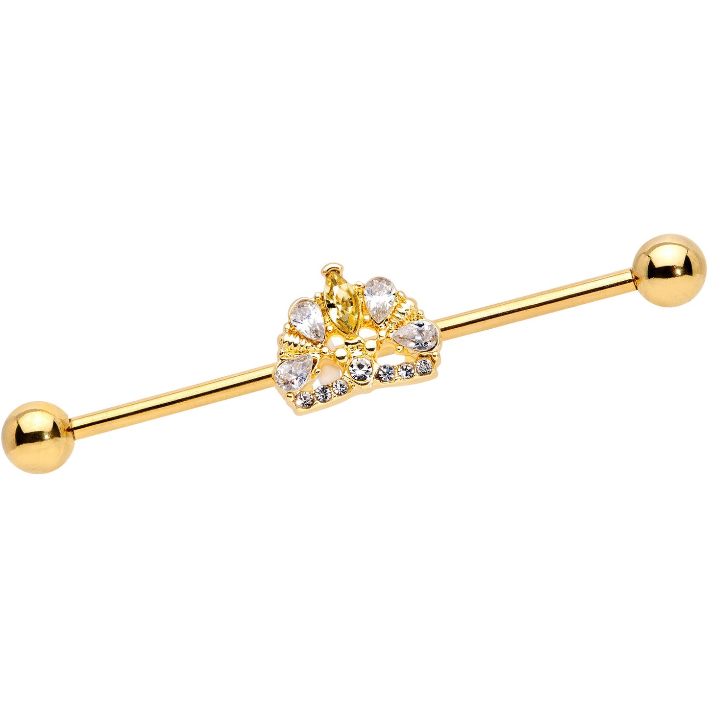 14 Gauge Clear CZ Gem Gold Tone Lavish Crown Industrial Barbell 38mm