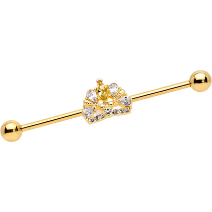 14 Gauge Clear CZ Gem Gold Tone Lavish Crown Industrial Barbell 38mm