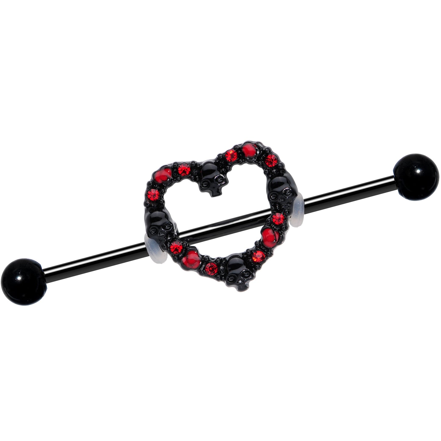 14 Gauge Red CZ Gem Black Skull Heart Halloween Industrial Barbell 38mm