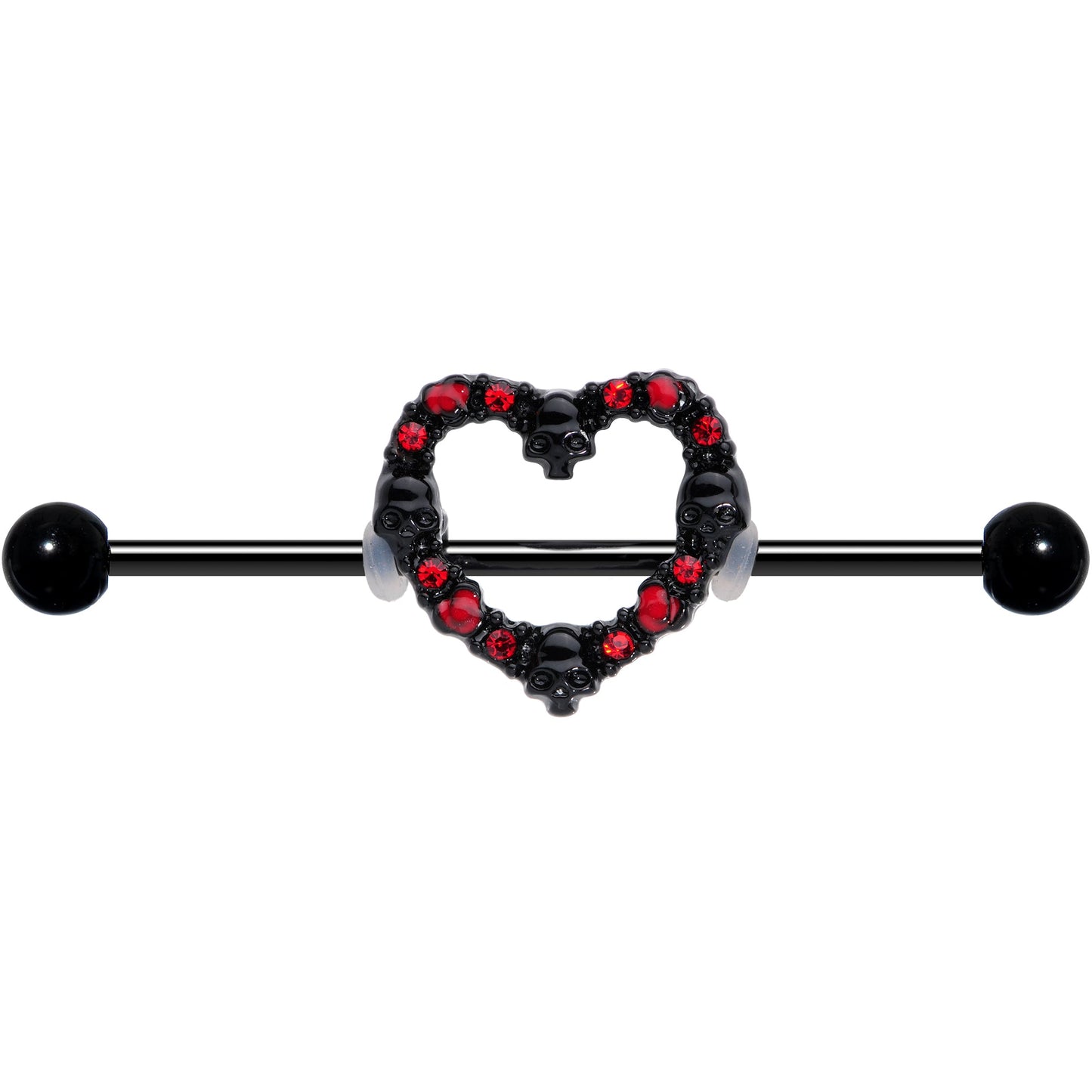 14 Gauge Red CZ Gem Black Skull Heart Halloween Industrial Barbell 38mm