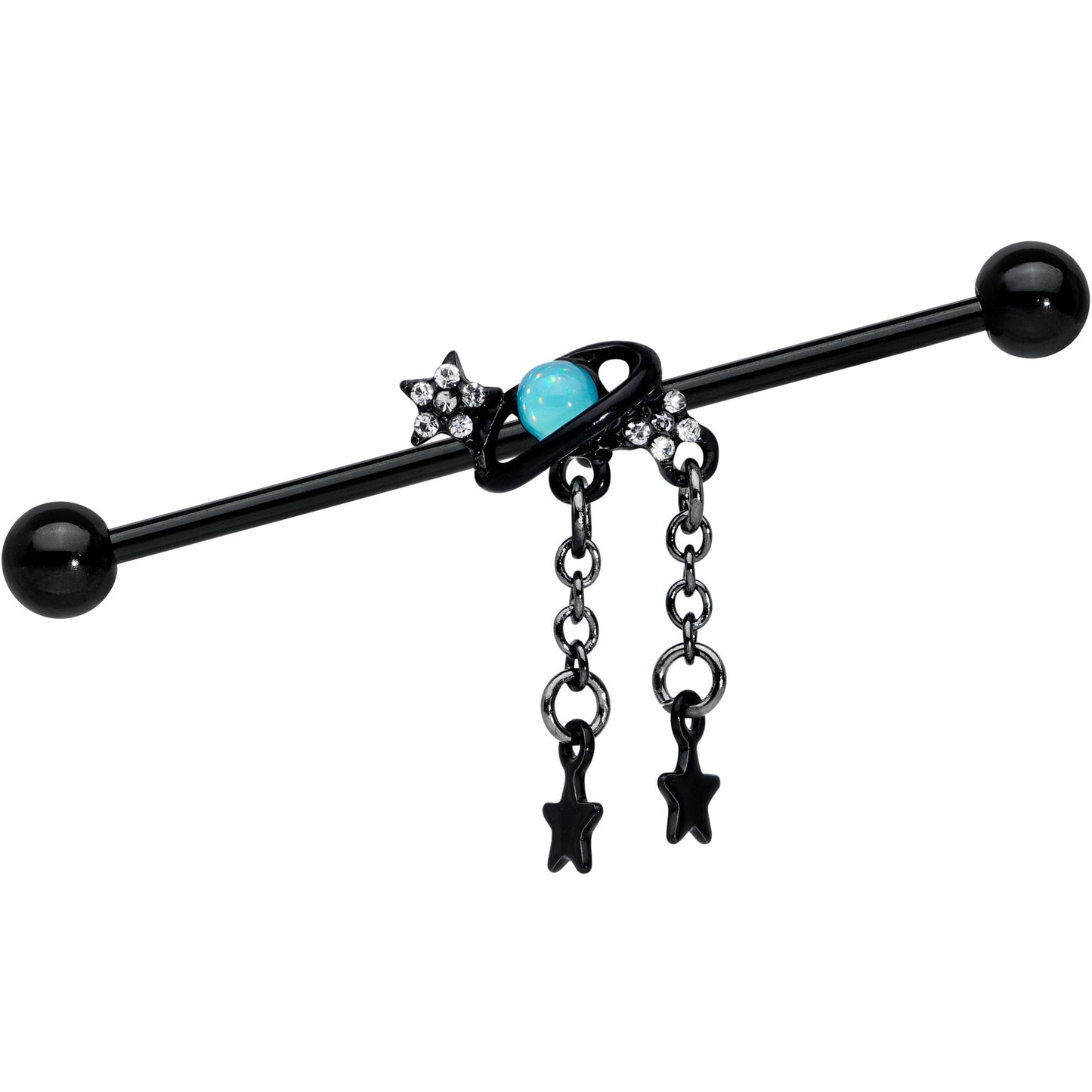 14 Gauge Clear Blue Gem Black Saturn Stars Industrial Barbell 38mm