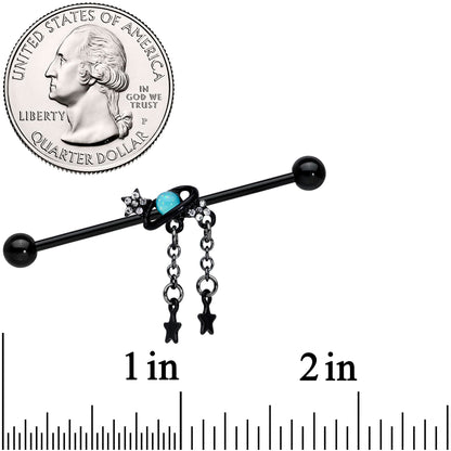 14 Gauge Clear Blue Gem Black Saturn Stars Industrial Barbell 38mm