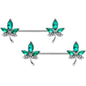 14 Gauge 9/16 Clear Green Gem Pot Leaf Barbell Nipple Ring Set