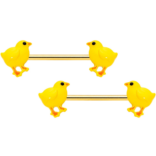 14 Gauge 9/16 Gold Tone Yellow Easter Chick Barbell Nipple Ring Set