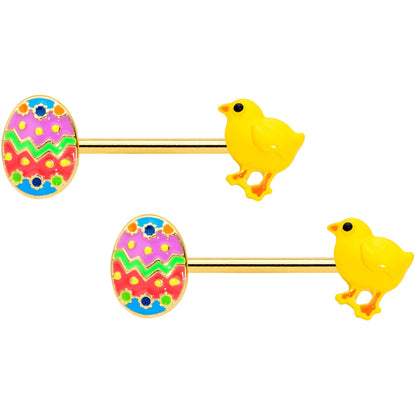 14 Gauge 9/16 Gold Tone Easter Chick Egg Barbell Nipple Ring Set