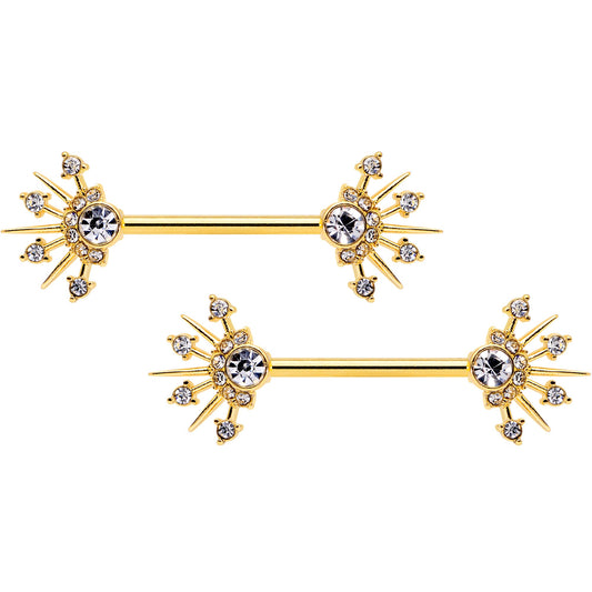 14 Gauge 5/8 Clear CZ Gem Gold Hue Elegant Crest Barbell Nipple Ring Set