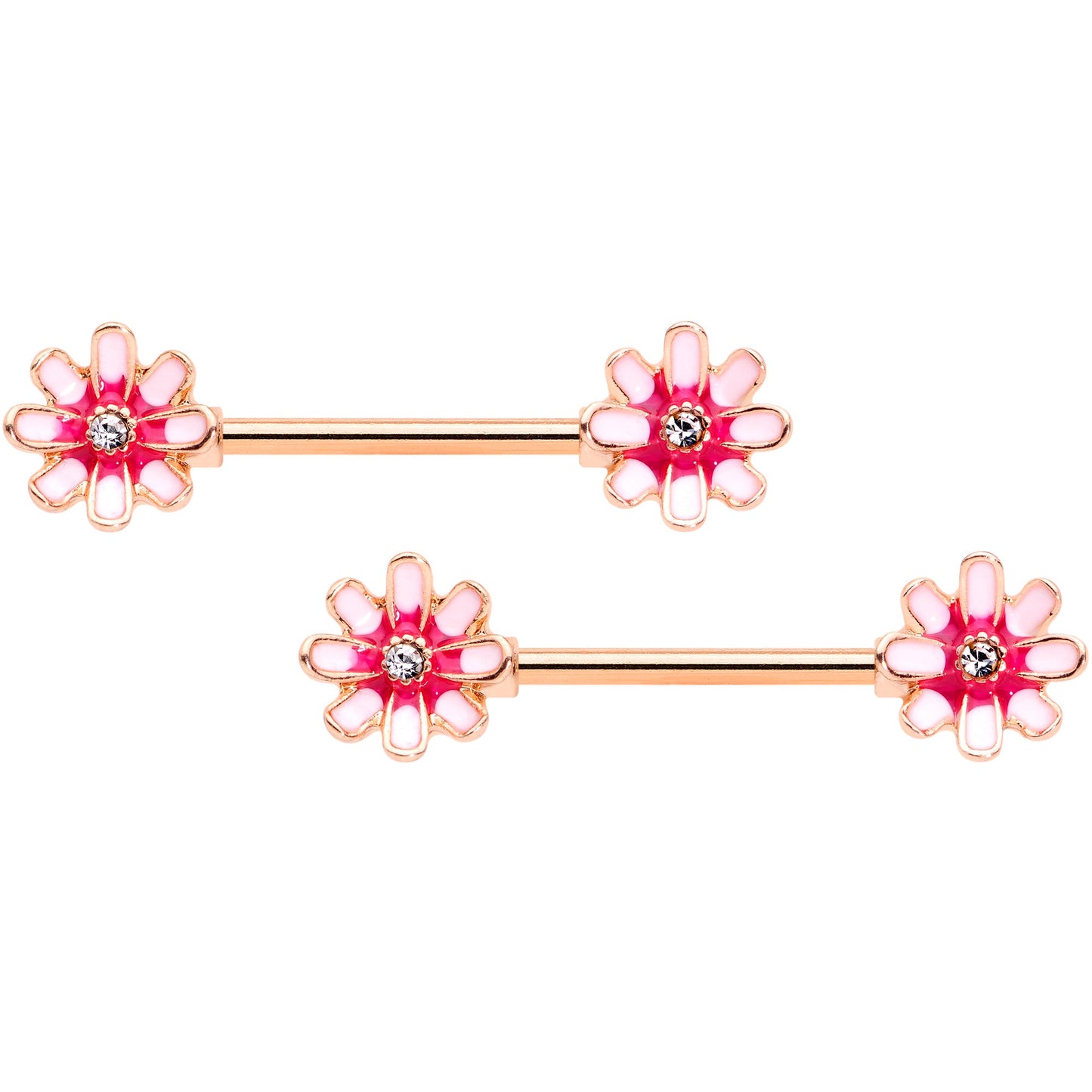 14 Gauge 5/8 Clear Gem Rose Gold Tone Pink Flower Nipple Ring Set