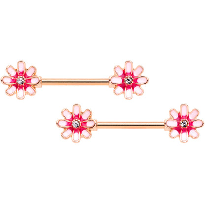 14 Gauge 5/8 Clear Gem Rose Gold Tone Pink Flower Nipple Ring Set