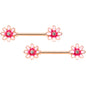 14 Gauge 5/8 Clear Gem Rose Gold Tone Pink Flower Nipple Ring Set