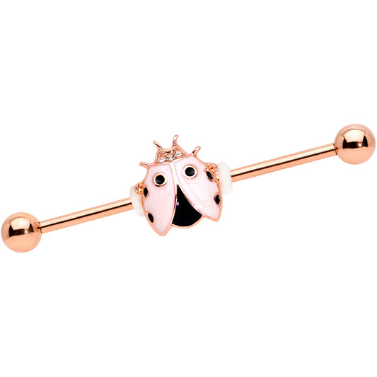 14 Gauge Clear Gem Rose Gold Tone Lil Ladybug Industrial Barbell 38mm