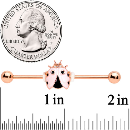 14 Gauge Clear Gem Rose Gold Tone Lil Ladybug Industrial Barbell 38mm