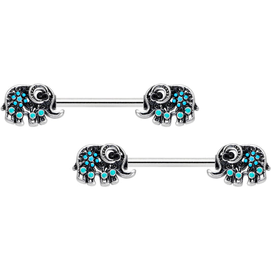 14 Gauge 9/16 Aqua Orb Curvy Elephant Barbell Nipple Ring Set