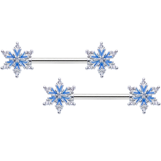 14 Gauge 9/16 Clear CZ Gem Blue Snowflake Barbell Nipple Ring Set