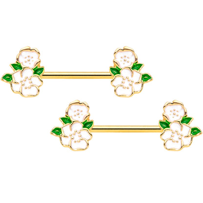 14 Gauge 9/16 Gold Tone White Spring Flower Barbell Nipple Ring Set