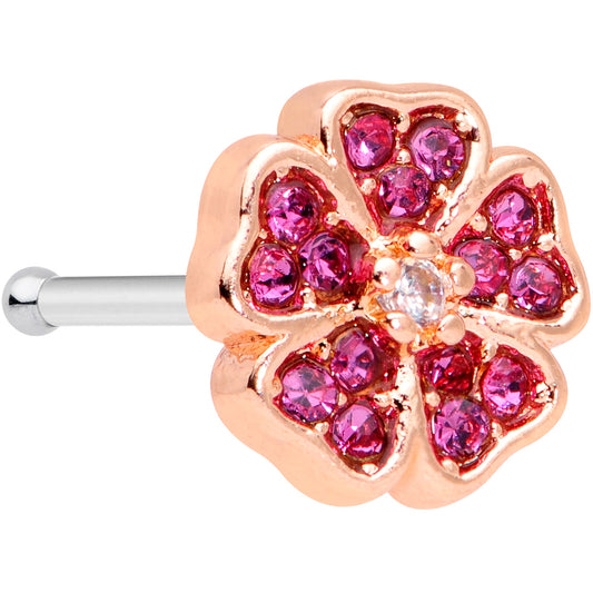 20 Gauge 1/4 Clear Pink Gem Rose Gold Tone Heart Flower Nose Bone