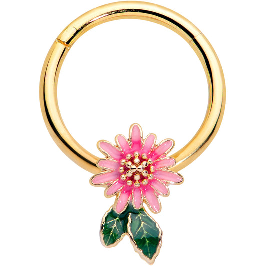 16 Gauge 3/8 Gold Tone Pink Spring Flower Hinged Segment Ring