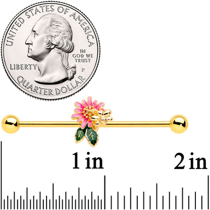 14 Gauge Gold Tone Pink Flower Bee Industrial Barbell 38mm