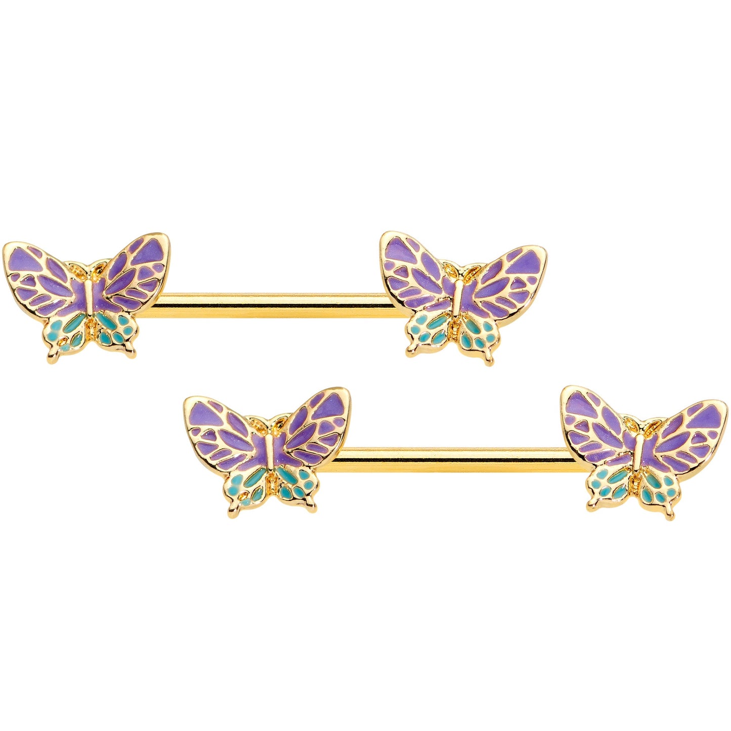 14 Gauge 9/16 Gold Tone Purple Green Butterfly Barbell Nipple Ring Set