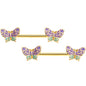 14 Gauge 9/16 Gold Tone Purple Green Butterfly Barbell Nipple Ring Set