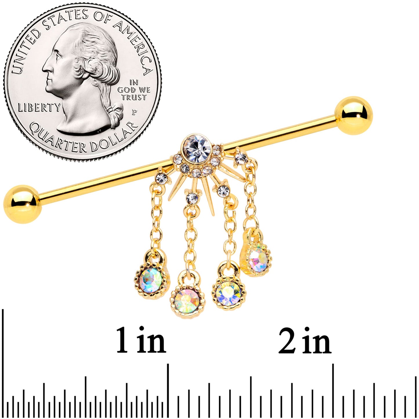 14 Gauge Clear CZ Gem Gold Tone Elegant Dangle Industrial Barbell 38mm