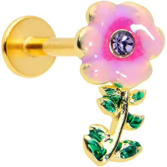 16 Gauge 5/16 Purple CZ Gem Gold Tone Pink Flower Labret Monroe Tragus