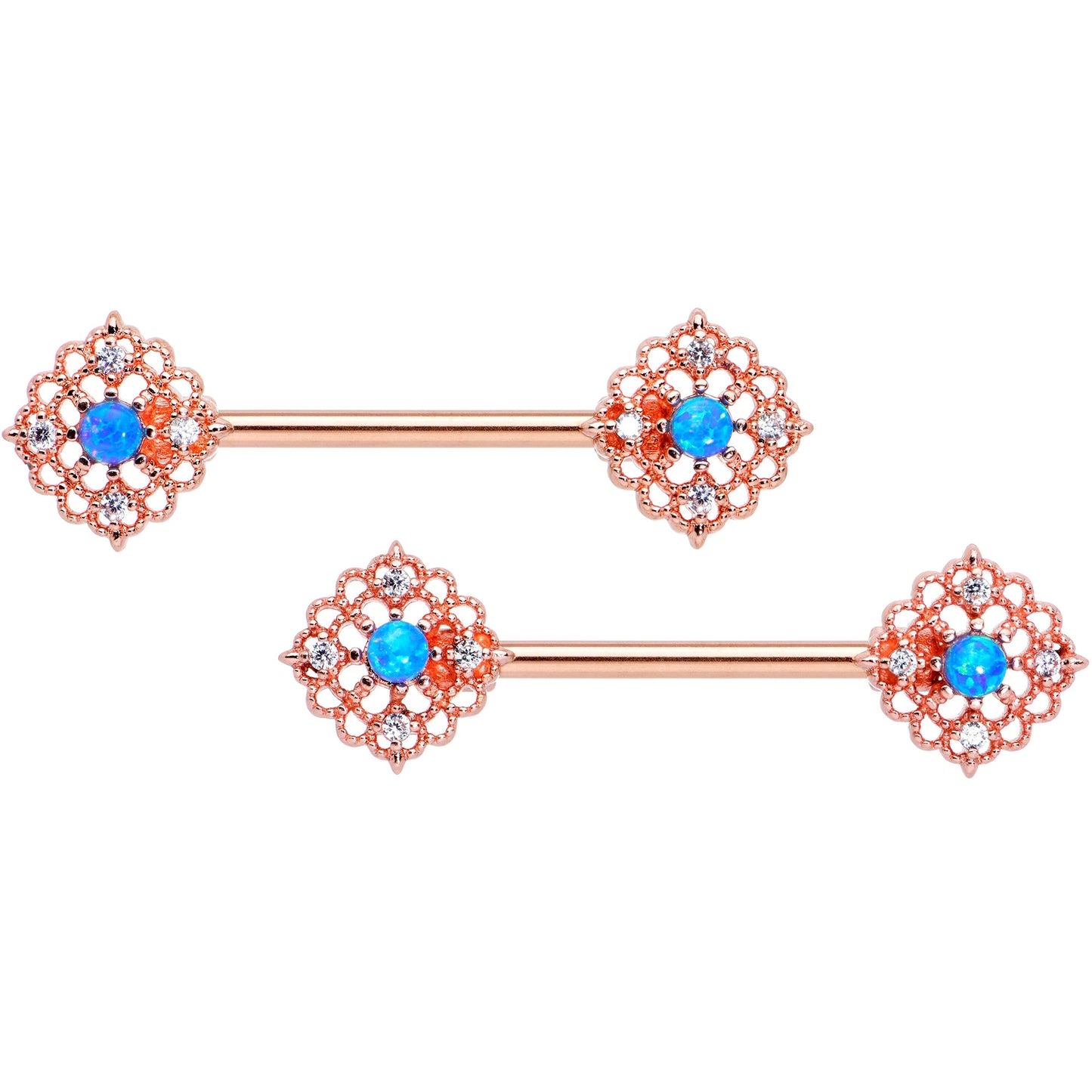 14 Gauge 9/16 Blue Synthetic Opal Rose Gold Tone Lacy Nipple Ring Set