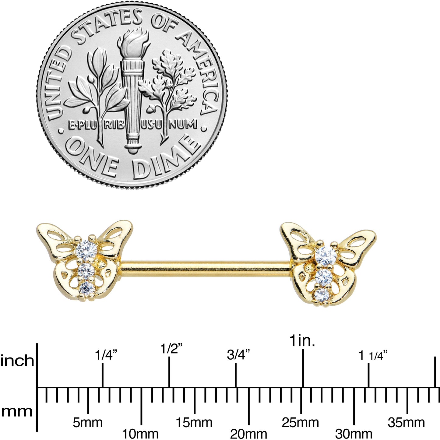 14 Gauge 9/16 Clear CZ Gem Gold Tone Open Butterfly Nipple Ring Set