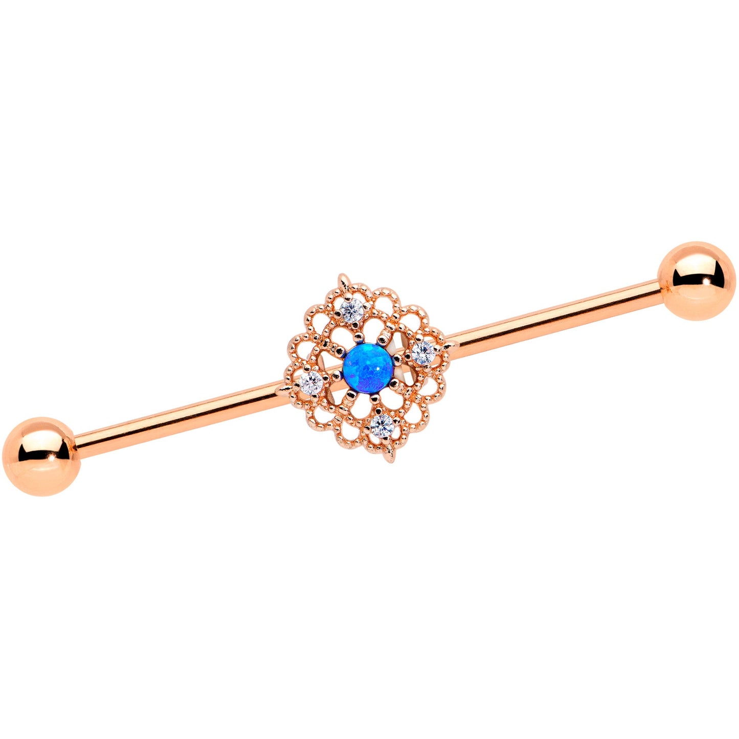 14 Gauge Blue Synth Opal Rose Gold Tone Lacy Industrial Barbell 38mm