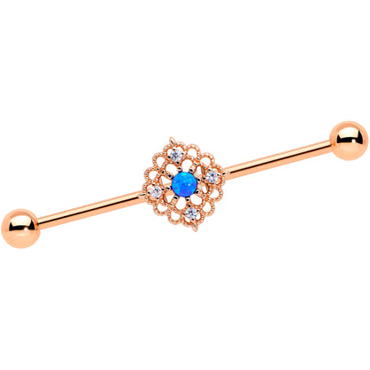 14 Gauge Blue Synth Opal Rose Gold Tone Lacy Industrial Barbell 38mm