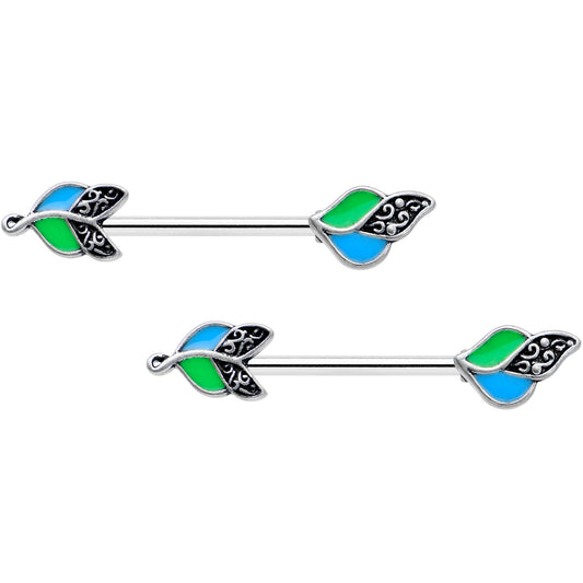 14 Gauge 9/16 Filigree Blue Green Leaves Barbell Nipple Ring Set