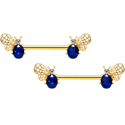 14 Gauge 9/16 Blue Gem Gold Tone Beautiful Bee Barbell Nipple Ring Set