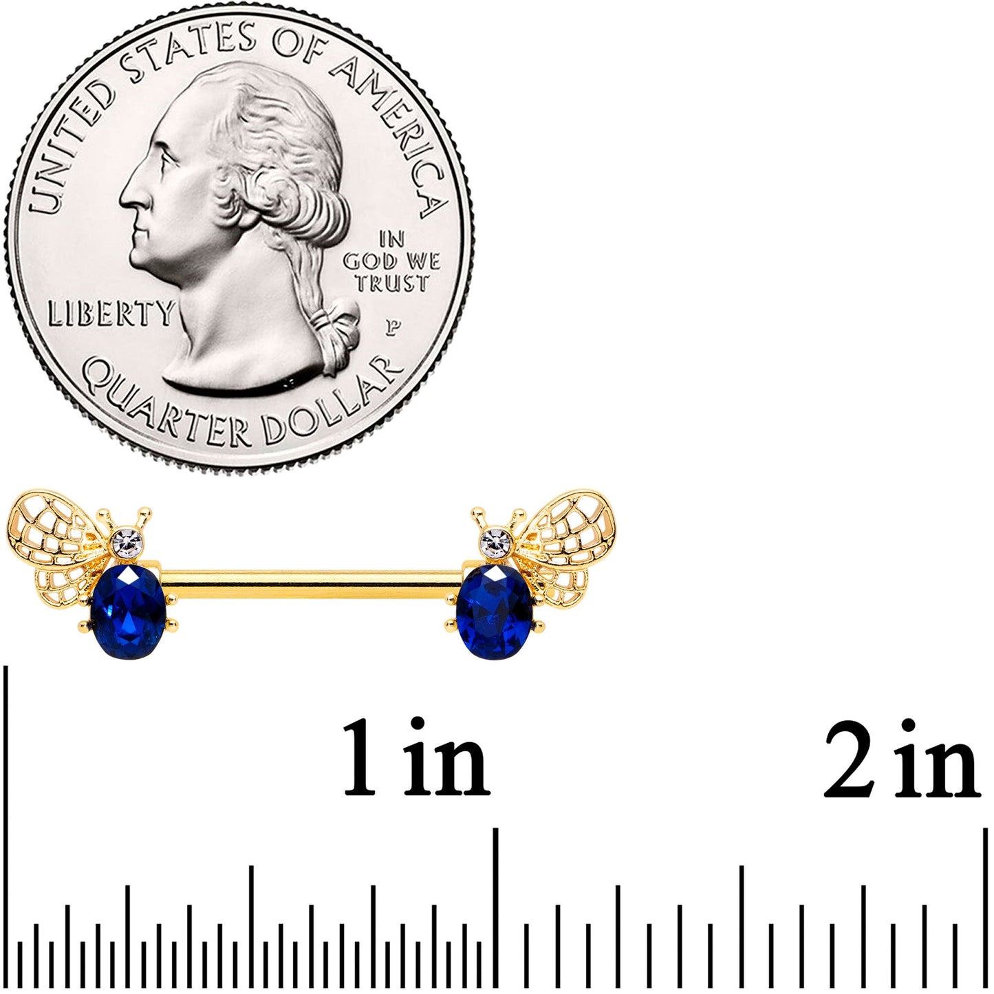 14 Gauge 9/16 Blue Gem Gold Tone Beautiful Bee Barbell Nipple Ring Set