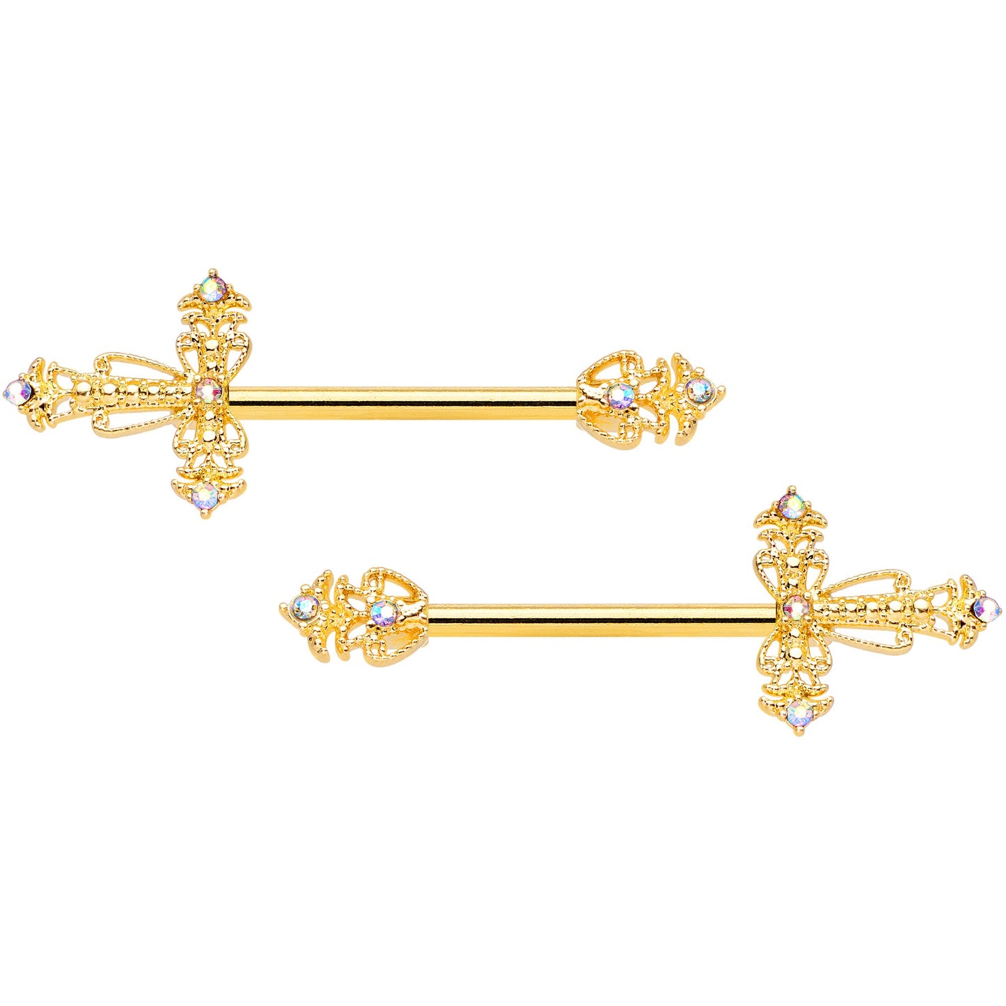 14 Gauge 9/16 Clear CZ Gem Gold Tone Scrolling Cross Nipple Ring Set